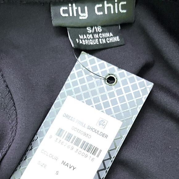 City Chic Aubree Frill Shoulder Fit & Flare Dress Navy Womens Plus Size 16 NWT - Picture 8 of 9